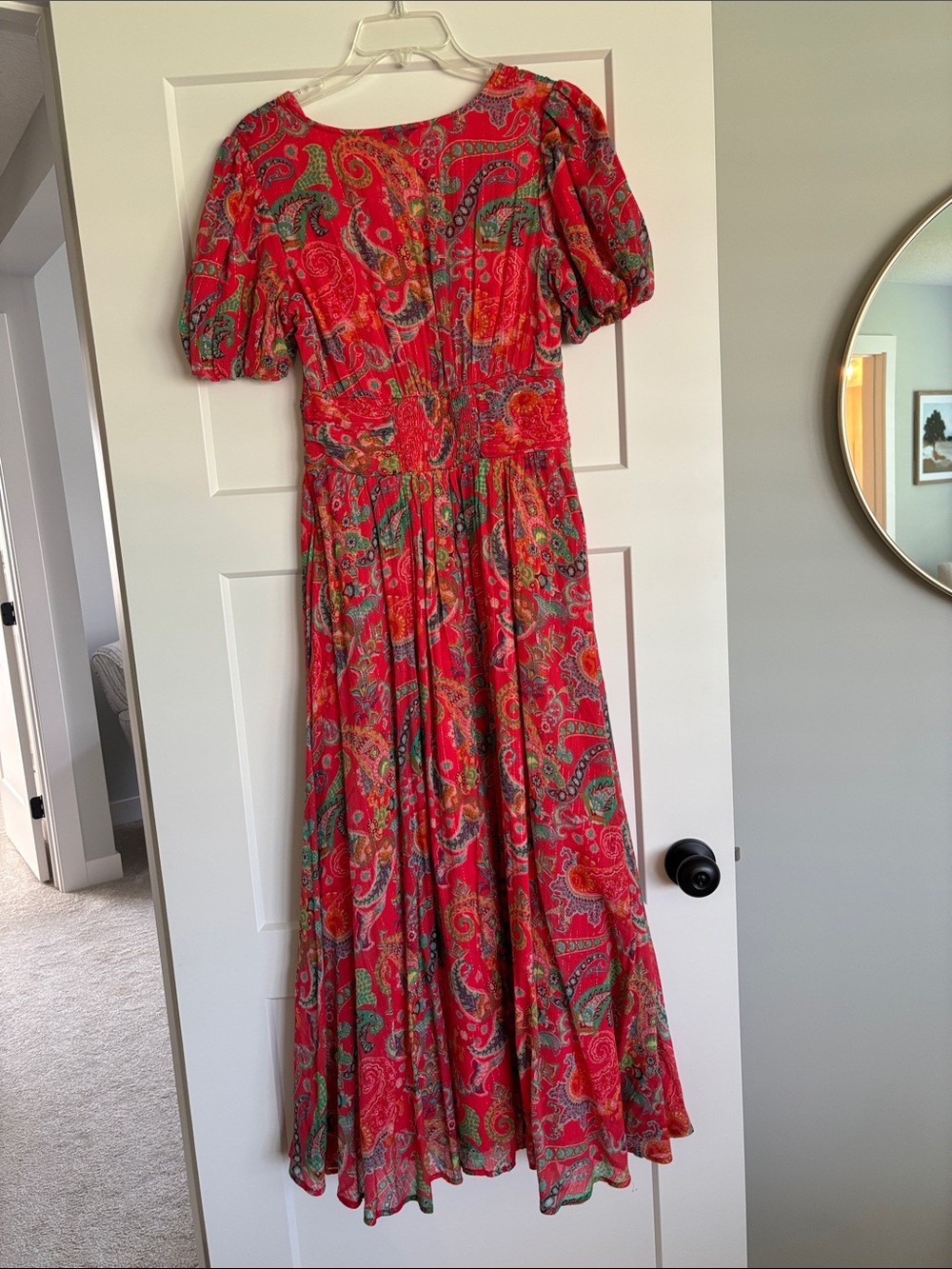 Anthropologie Red Paisley Maxi Dress with Puff Sleeves - Picture 3 of 6